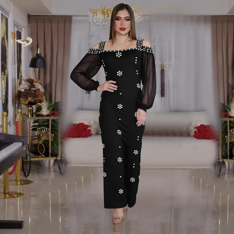 KEXU Damen Mesh Langarm Diamanten Hot Strass Cut Out Shoulder Bodycon Midi Maxi Langes Kleid und Tank-Innenkleider