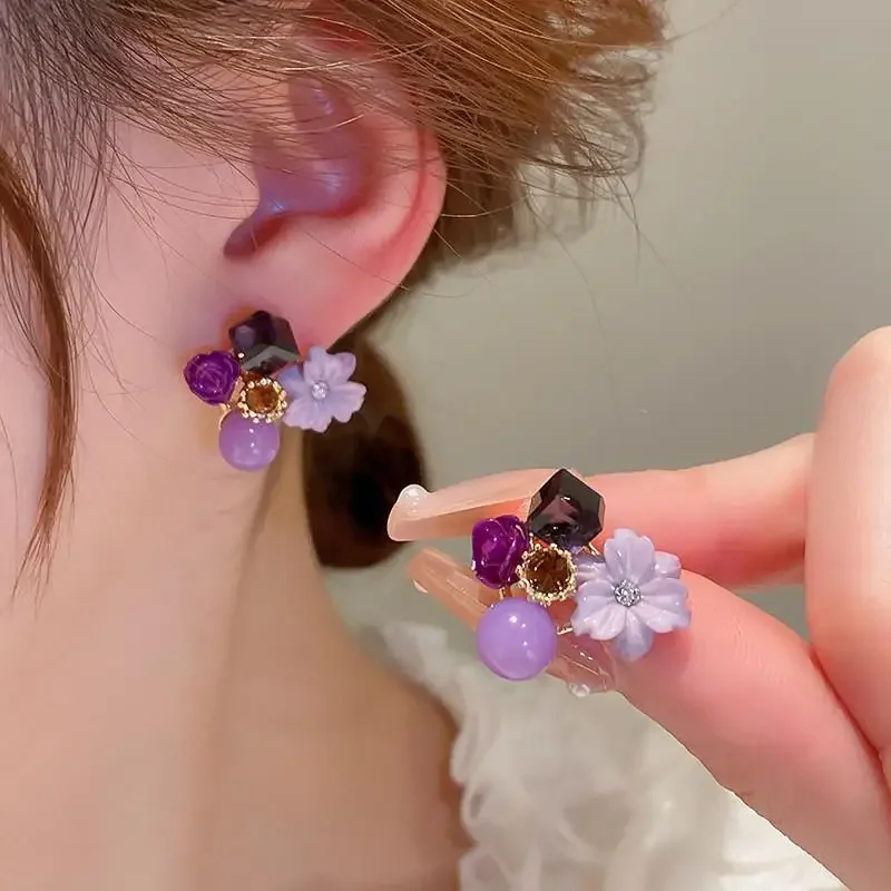 LATS Multicolored Crystal Flower Stud Earrings for Woman Korean Style Fashion Jewelry Lovely Elegance Temperament Accessories