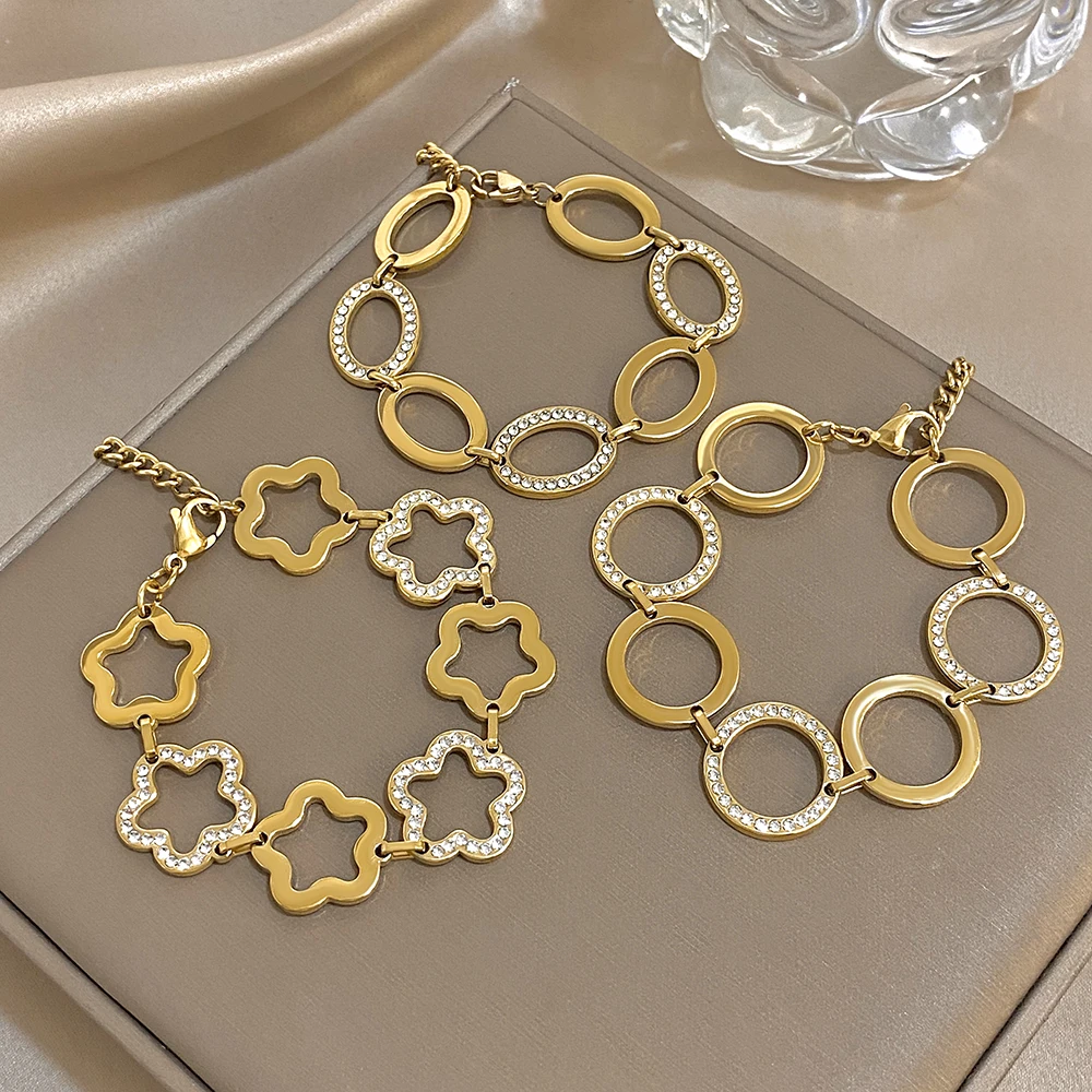 

DODOHAO Exquisite Inlaid Zircon Stainless Steel Bracelet Women Simple Hollow Out Flower Round Charm Bracelet Waterproof Jewelry