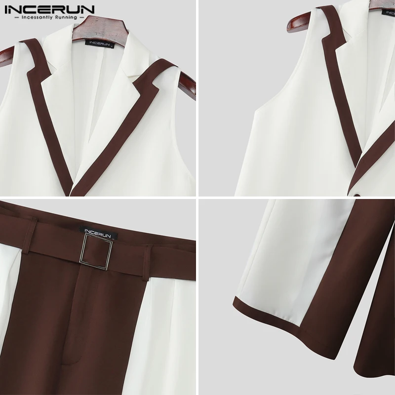 INCERUN Set Pria Rompi Tanpa Lengan Kerah Warna-warni Tambal Sulam & Celana Kaki Lebar 2 Potong Setelan Kasual Pria Fashion Longgar Pakaian Jalanan