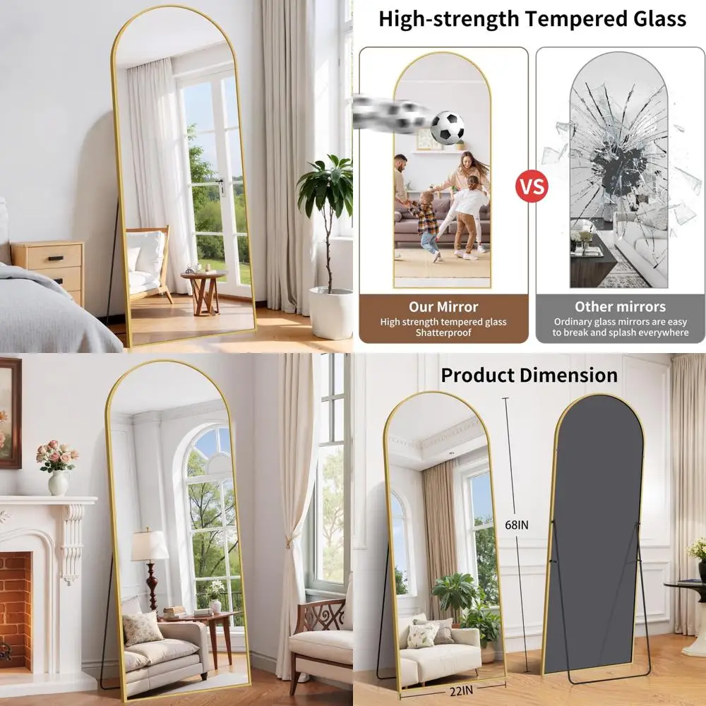 مرآة أرضية مقوسة بطول كامل 68 × 22، مؤطرة من الألومنيوم، قائمة بذاتها أو معلقة، مثالية للمنزل وغرف الملابس