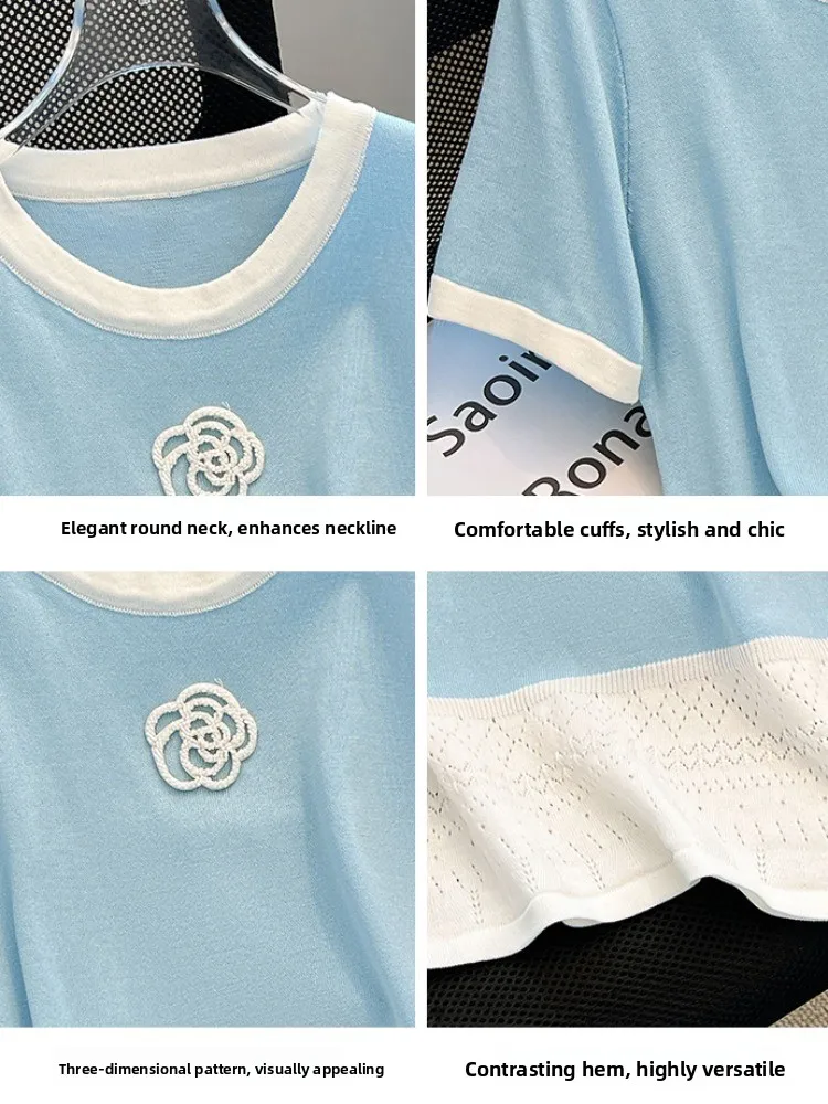 Summer Women's Knitted ort Sve T-irt Color Blo Design Slim Fit ort Length round Ne Top Creative Floral Pattern