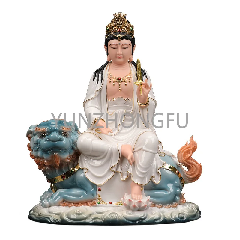 Resin Buddha Manjusri Bodhisattva ornaments home worship wisdom riding lion Hua Yan three saints statue.