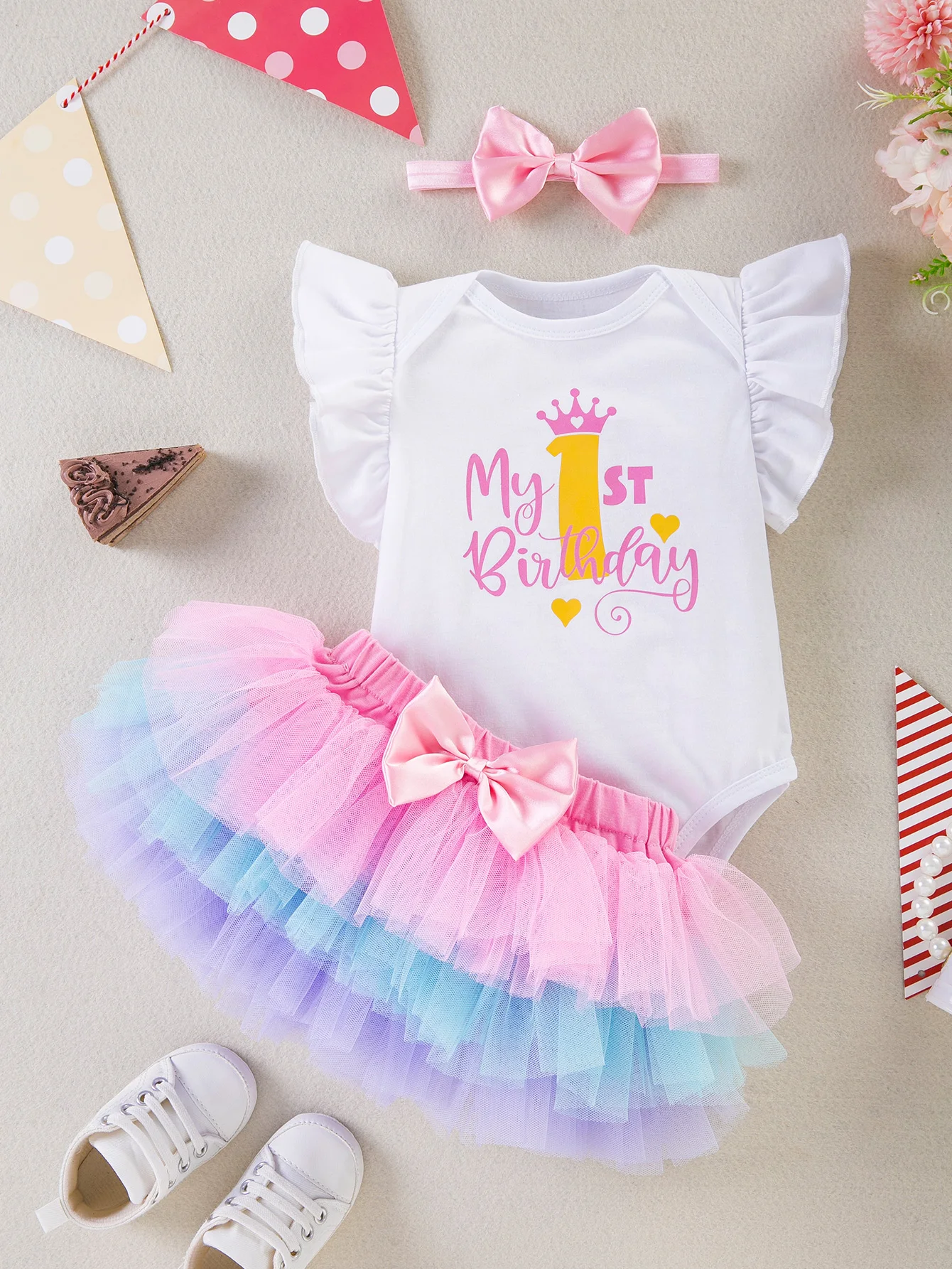 Baby Mädchen 1. Geburtstag Outfit-Set - "Mein 1. Geburtstag" Rüschenärmel-Body + Ombre Tüll-Tutu-Rock + Schleifen-Stirnband, 3-teilig – Detail 1