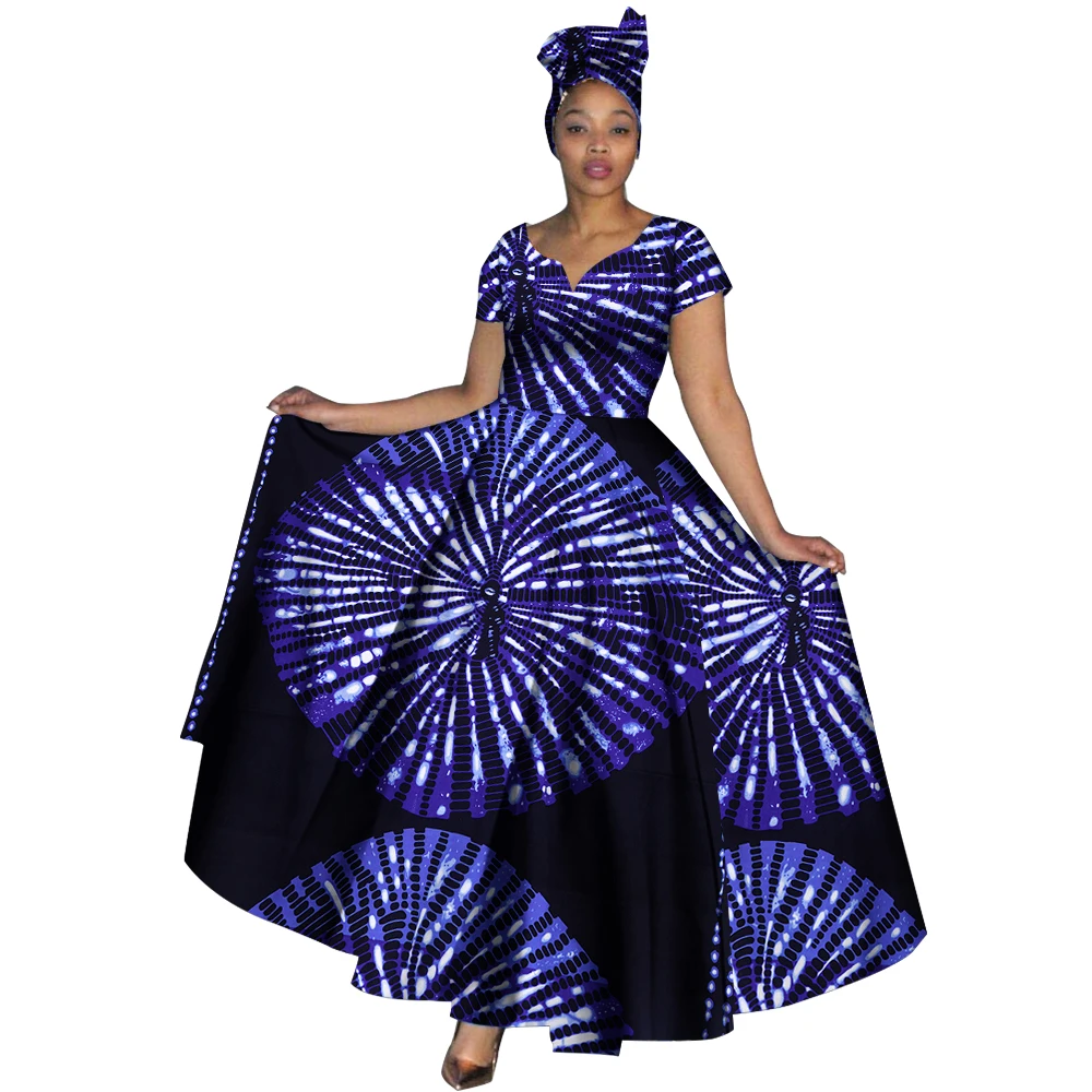 

Fashion Women Clothes African Dresses Ankara Print V-neck Maix Long Dresses with Head Scarf Dashiki Women Outfit WY749