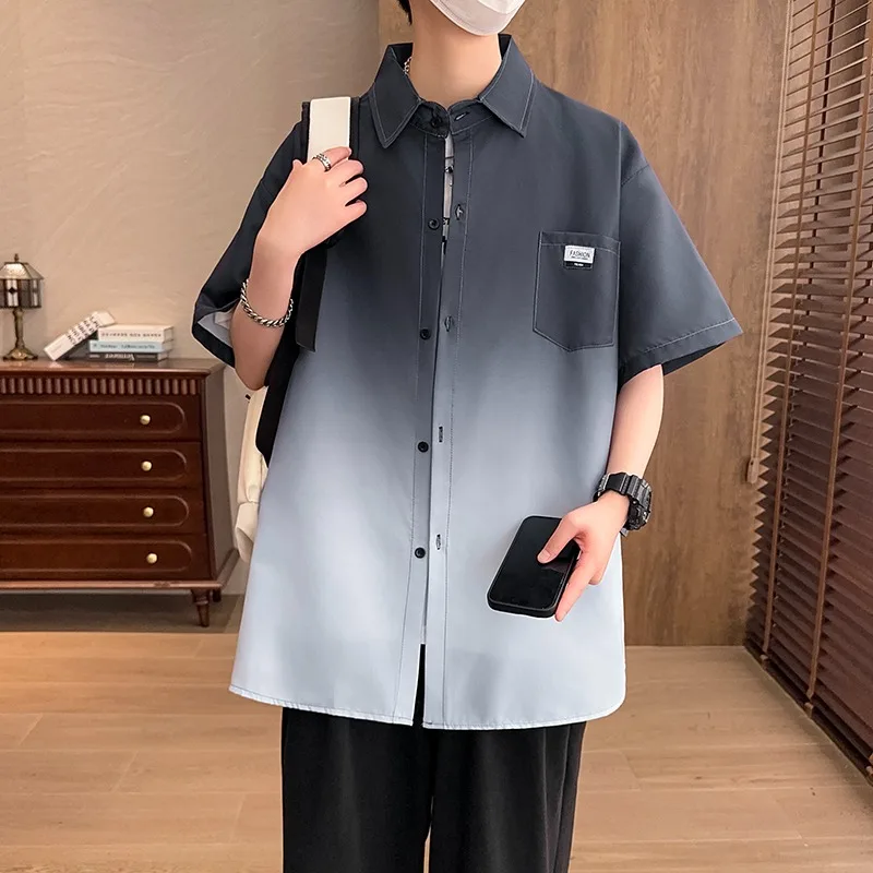 

Мужская рубашка с коротким рукавом, летняя свободная рубашка с градиентом, повседневный тренд в стиле ретро, однотонная, с коротким рукавом с цветными блоками