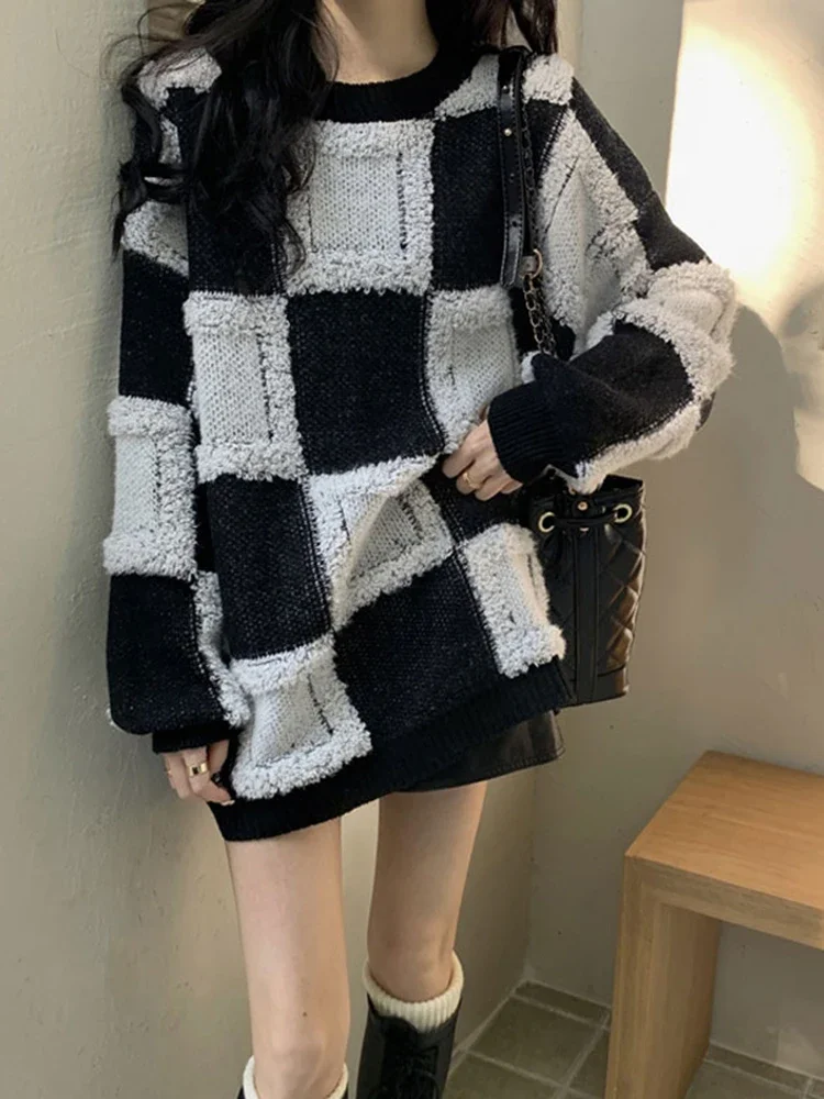 Checkerboard Thickened Pullover Sweater Women Fall Winter Casual Loose Long Sleeve Knitted Tops