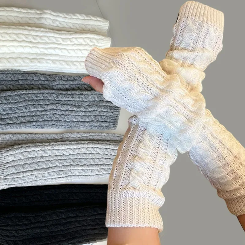 Fashion Long Fingerless Gloves Women Autumn Winter Gothic Punk Knitted Half Black Over Elbow Arm Wrist Twist Sleeve Hand Warmer