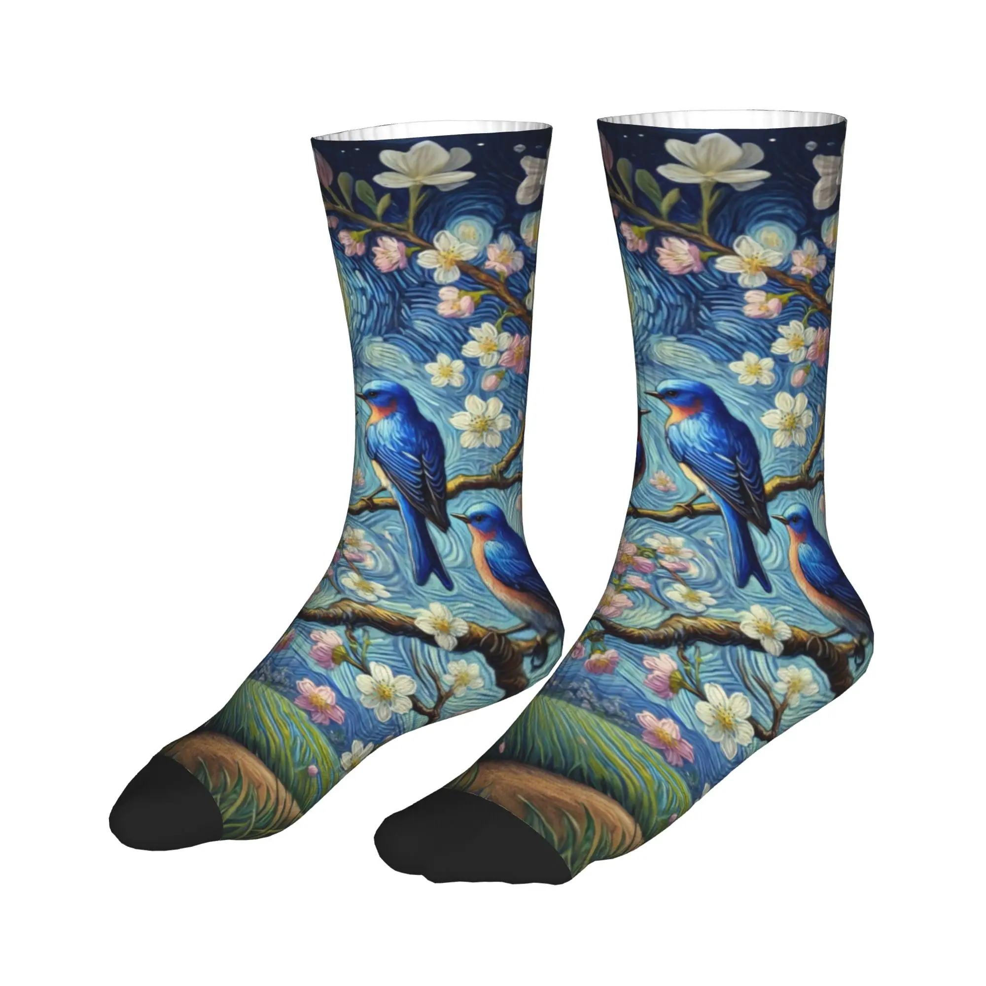 Funny Printing Starry Night Blue Songbirds Magnolia Floral  Socks for Women Men Stretch Summer Autumn Winter  Crew Socks - view 3