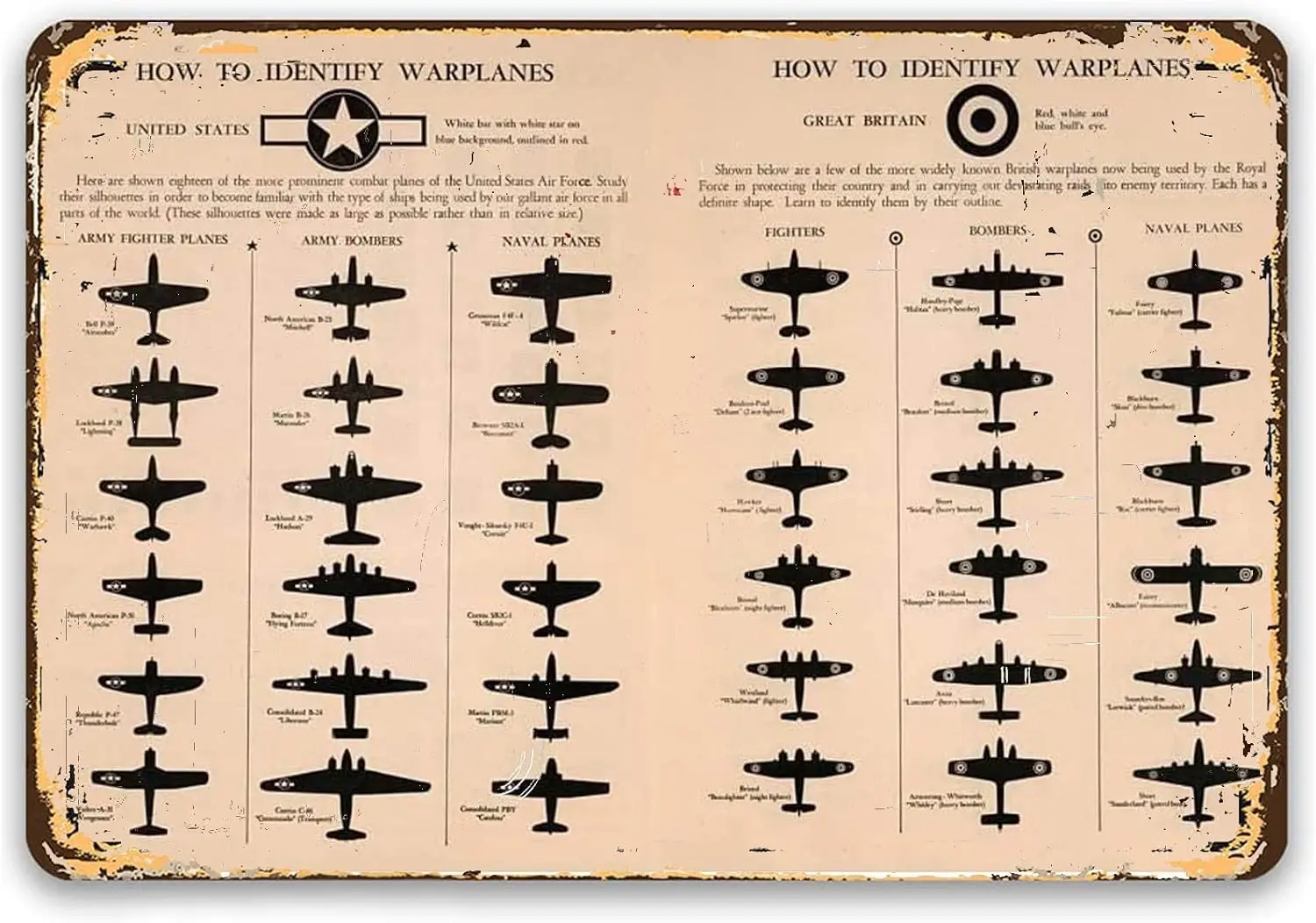 Pilot Knowledge Vintage Metal Sign Office Wall Decor How To Identify Warplanes Tin Poster Club Home Restroom Garage Man Cav sign