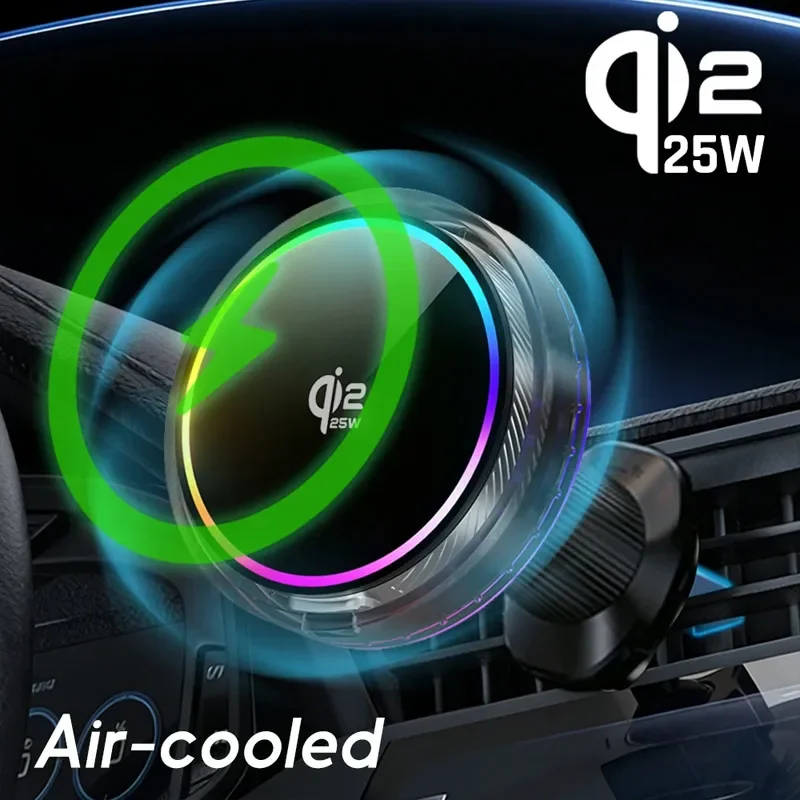 Car 25W Magnetic Wireless Charger Air Cooling RGB Light  Phone Holder For Magsafe iPhone 17 16 15 14 13 12 Fast Charging Station