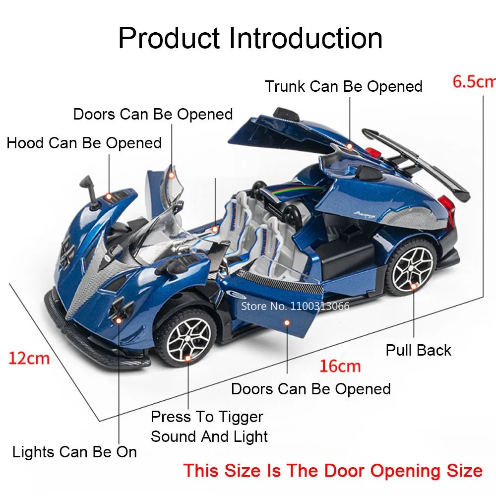 1:32 Pagani Zonda HP Huayra Roadster BC coches juguetes modelos rueda tirar hacia atrás luz sonido coche deportivo en miniatura para niños regalos para adultos