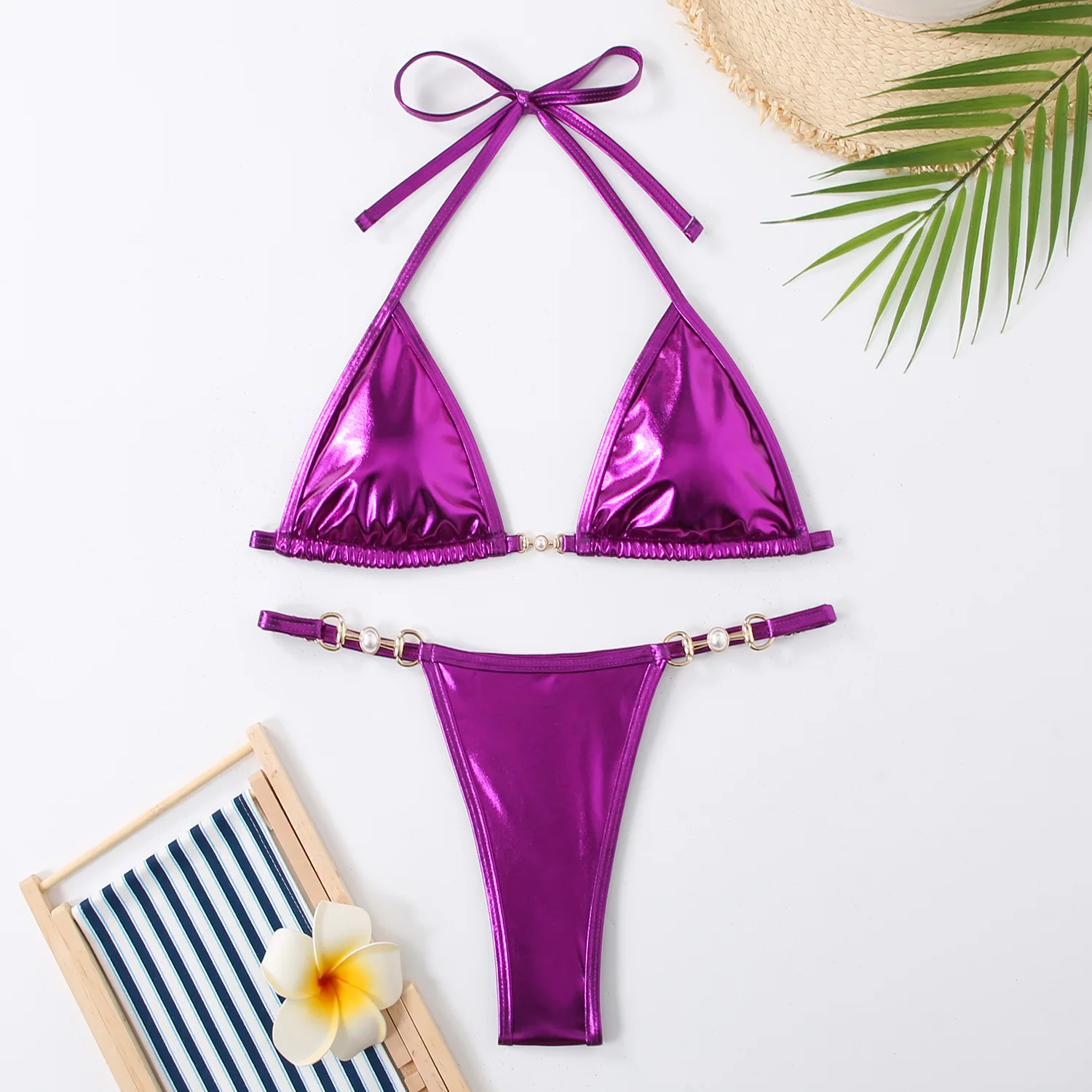 Sexy glitter metálico conjuntos de biquínis duas peças halter tie maiô maiô roupas de praia biquini bakini tankini