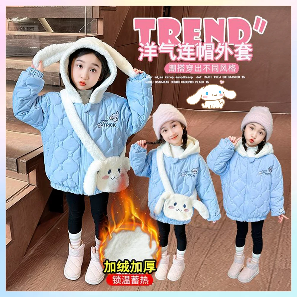 

Kawaii Winter Cinnamoroll Children Jacket Hooded Anime Cartoon Girls Fashion Sweet Blue Thicken Warm Blue Zipper Coat Outdoors