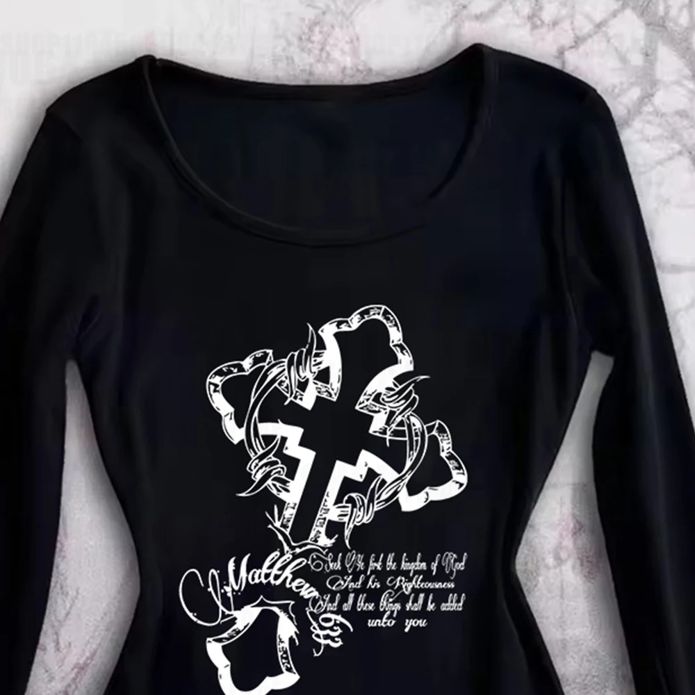 Kaus Grafis Antik Gaya Y2K Kaus Lengan Panjang Seksi Gotik Harajuku Estetika Grunge Peri Ramping Gadis Emo 2000S