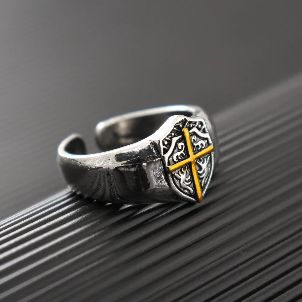 Vintage Creative Knight Shield Cross Men\'s Open Ring Fashion Punk Hip Hop Party Cool Personality Jewelry Accessories Gift