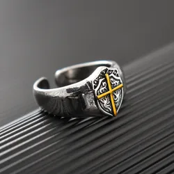 Vintage Creative Knight Shield Cross Men's Open Ring Fashion Punk Hip Hop Party Cool Personality Jewelry Accessories Gift