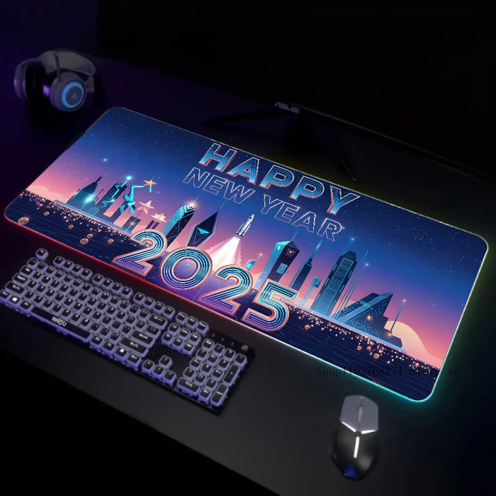 Feliz ano novo 2025 cidade futurista mousepad xxl rgb gaming mouse pads hd preto gamer acessórios grande led