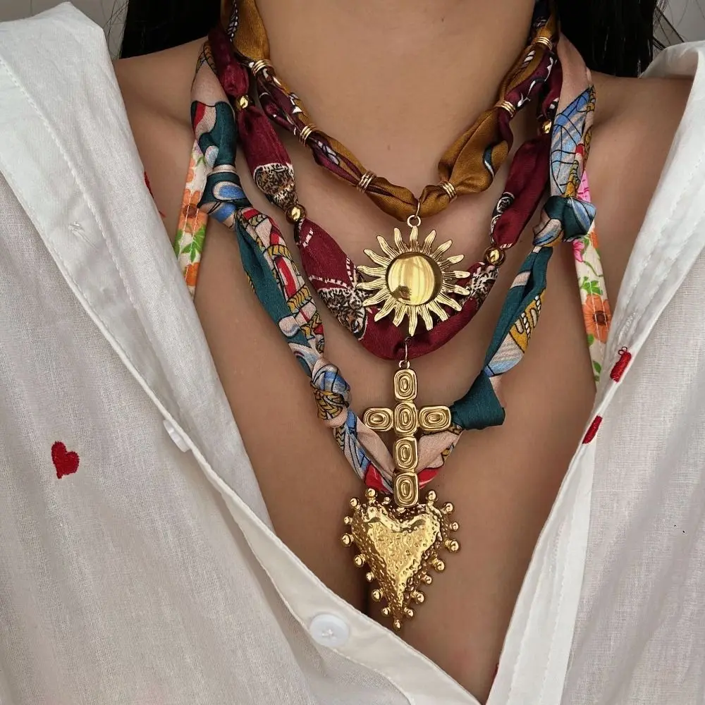 

Charm Cross Pendant Bohemian Necklace Heart Shape Sun Flower Pendant Necklace Colorful Floral Scarf Jewelry Casual Wear