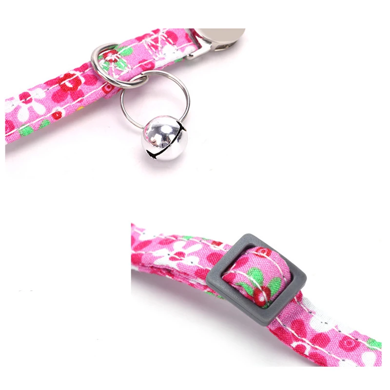 Personalized Cat Collar Quick Release Kitten Cats Collars Cute Print Nylon Pet Necklace With Bell Adjustable for Cats Puppy Pink