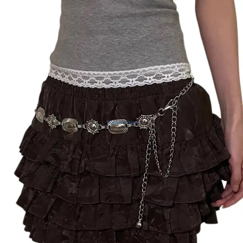 

P8DB Fashion Enthusiasts Women Belt Thin Ethnic Chain with Ethnic Pattern Decorative Women Dress Metal Waist Belt