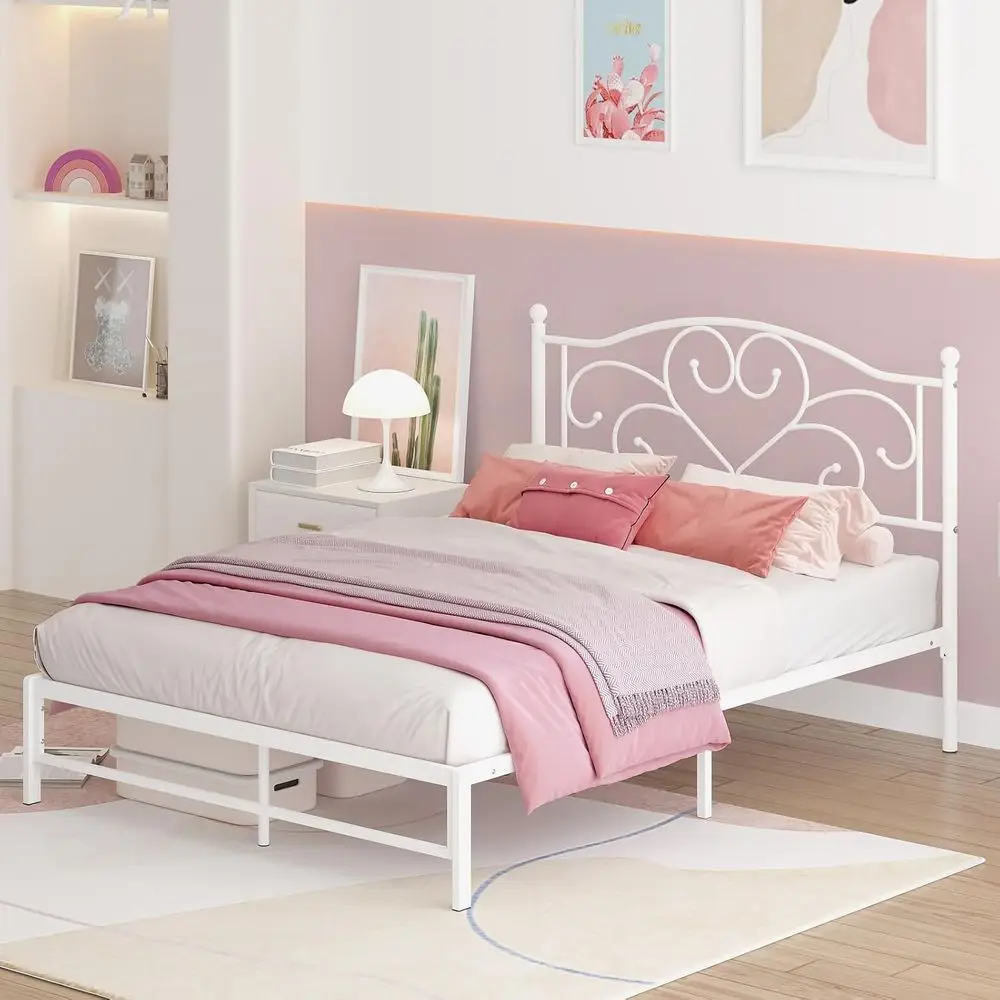 Full Bed Frame with Headboard Metal, Full Size, 11.2 Storage, No Box Spring, Easy Assembly, White