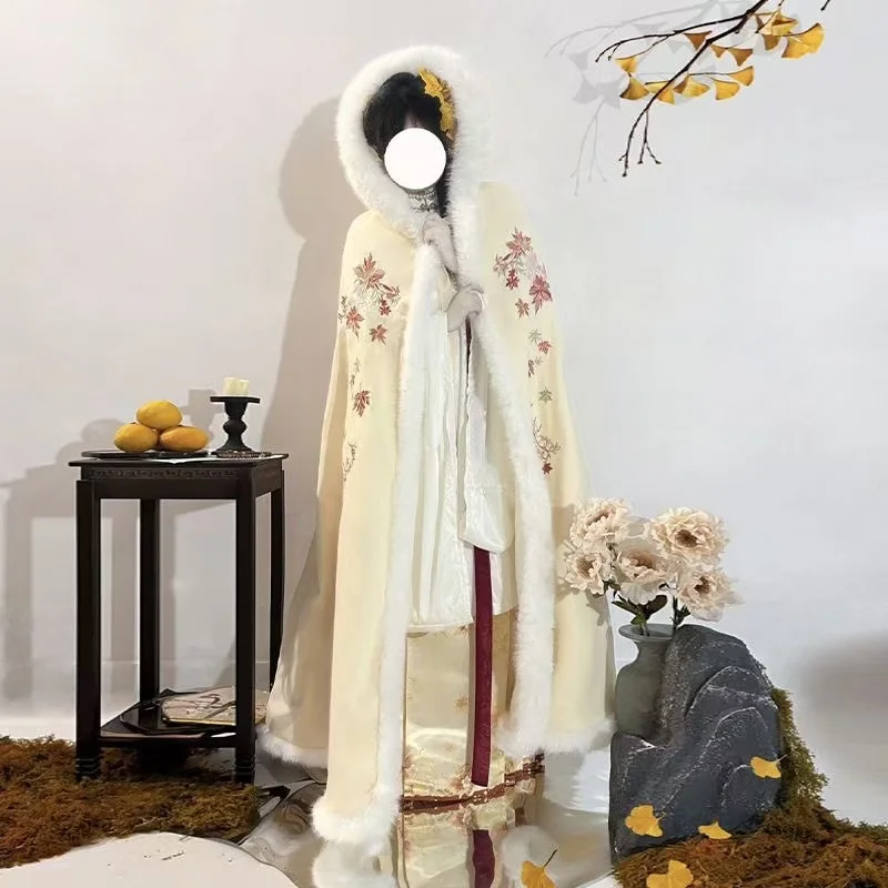 الشتاء رشاقته المخملية الدافئة Hanfu رداء طويل فتاة القديمة الخارجي زي الرأس الكلاسيكية الأبدية أوراق القيقب التطريز عباءة المرأة #1