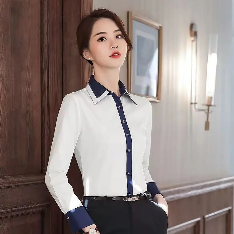 Temperament Blue and White Contrast Shirt Tops Spring Long Sleeve Polo Neck Slim All-match Blouse Fashion Elegant Women Clothes