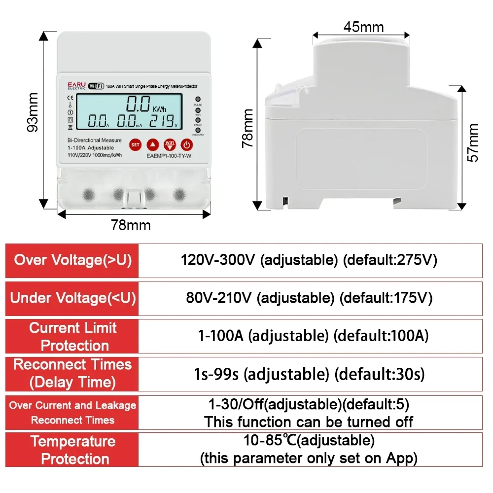 100A Tuya WiFi Smart Single Phase Energy Meter Over Under Voltage Protector Electricity Bi-Directional Measure kWh Power Meter