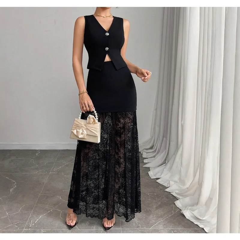 

2026 Spring and Autumn New Vest with Lace Splicing Skirt Women's Two-piece Set