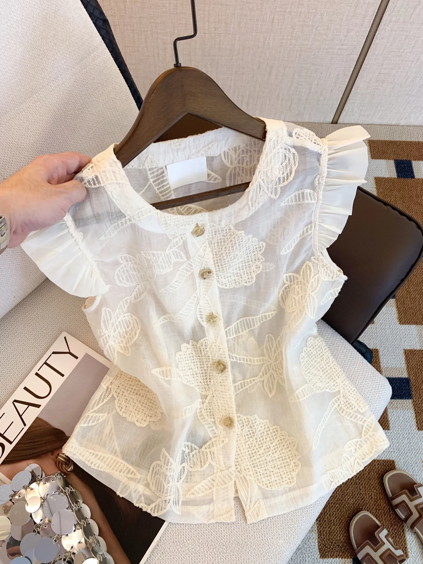 

Ele Lace irt женский летний модный топ с тяжелой вышивкой Fly Sve для чайной церемонии, высококачественный топ грушевого цвета Sensation