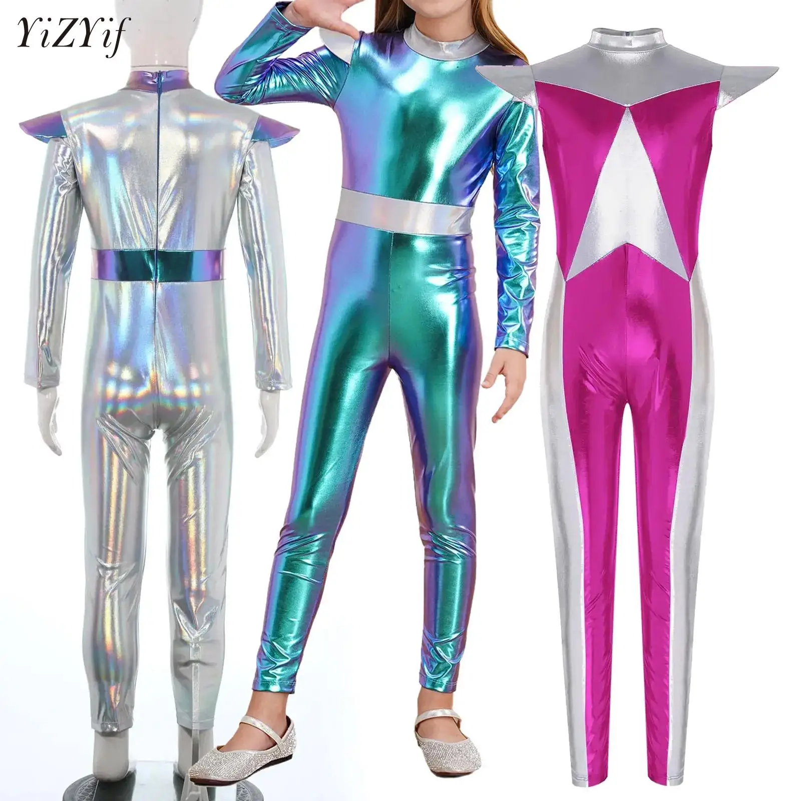 

Girls Boys Cosplay Alien Jumpsuit Metallic Full Body Suit Space Astronaut Robot Costume Halloween Future World Party Dress Up