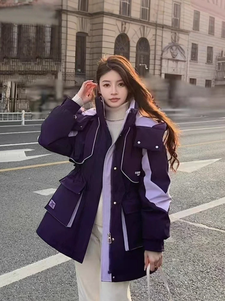 2025 겨울 여성용 신상 탈부착 후드 다운 재킷 컬러 블록 워크웨어 파카 오버코트 여성용 두꺼운 따뜻한 코트