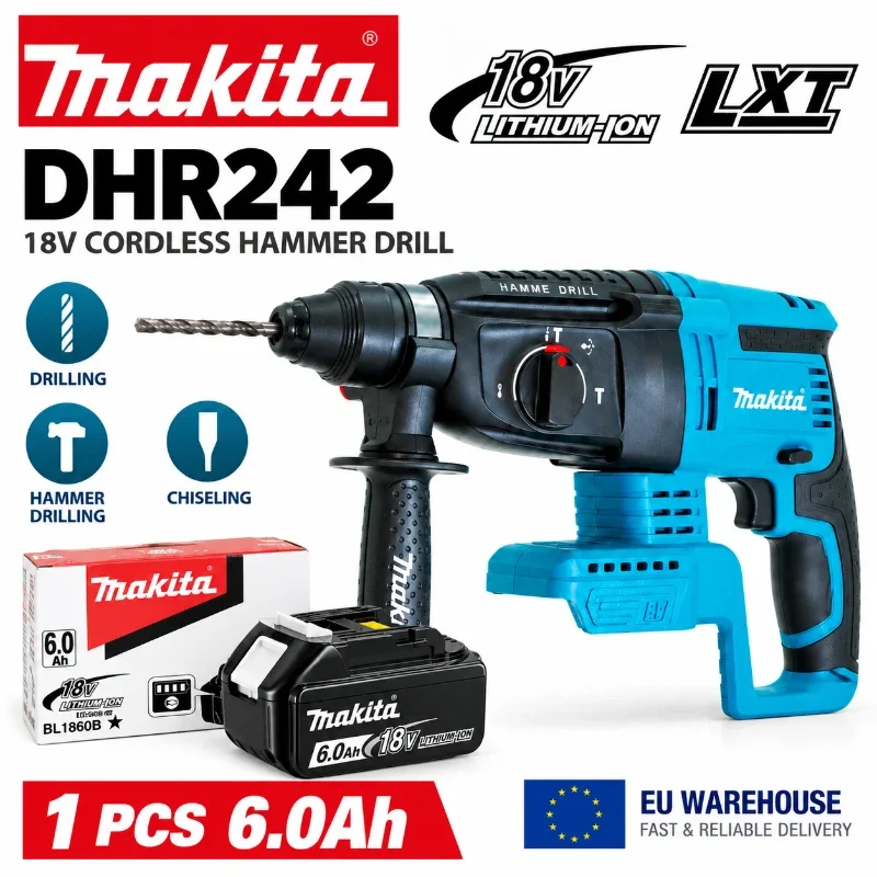 Makita DHR242 18V Bürstenloser Bohrhammer 24mm Beton, Kabelloser SDS Plus 4700 IPM 2,0J 3 Modi, Professionelles Bau-Elektrowerkzeug Kompatibel mit BL1860B BL1850B BL1815, EU-Schnellversand