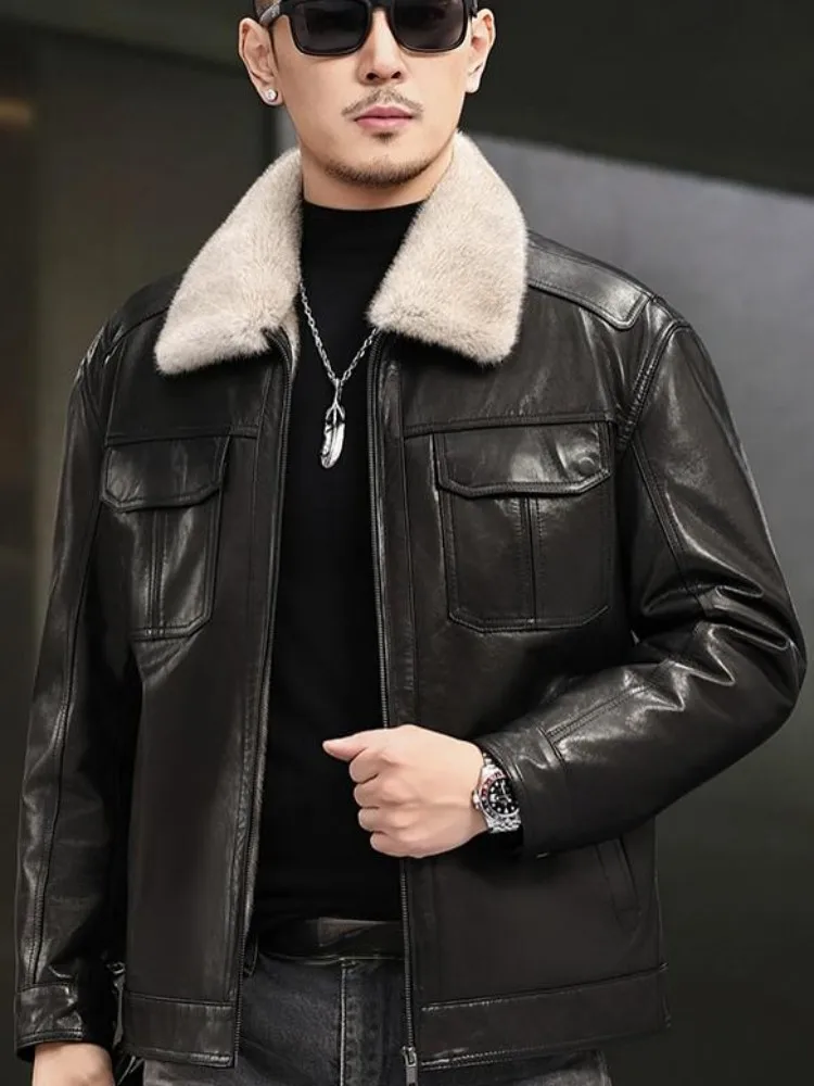Fashion Leisure Zipper Turn Down Collar Genuine Leather Jacket Solid Color Pocket Slim Male Sheepskin Long Sleeves Outerwear - Image 6