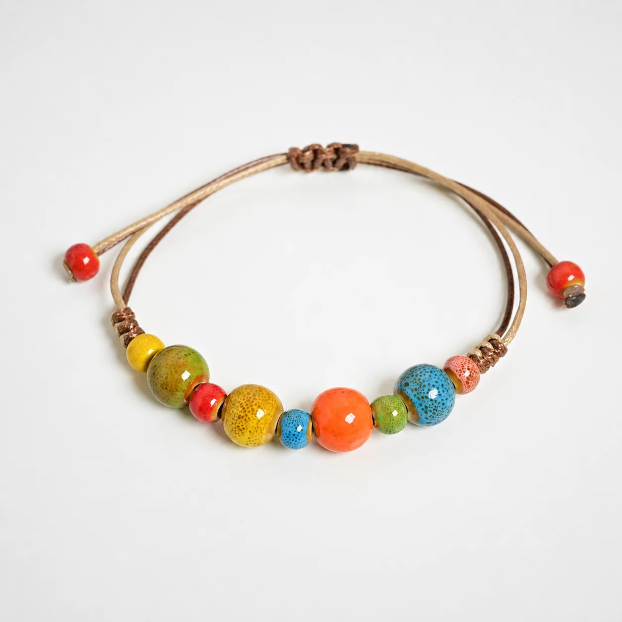 Handmade Ceramic Bead Bracelet Adjustable Handwoven Waxed Cord Colorful Braided Construction and Bead Detail Y260714-18