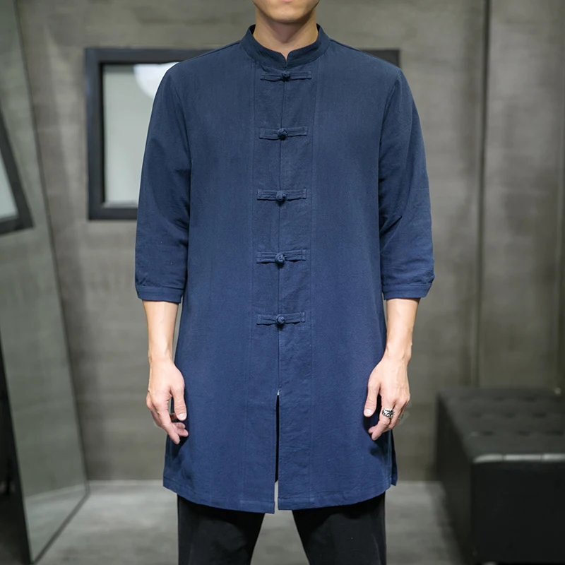 

Vintage Shirts Men Cotton Casual Oversized Male Shirt Chinese Style Coat Loose Vintage Man Long Clothes Stand Collar Streetwear