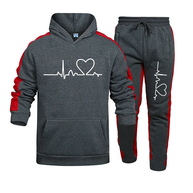 Quality Mens Tracksuit Heart Printing Casual Hooded Sweatshirt 2 Pcs Set Fitness Sports Suit Street Trend Stripe Mens Clothing