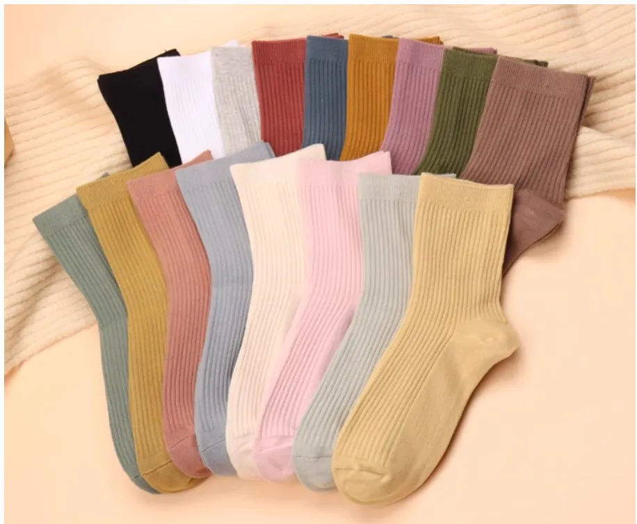 

5 Pairs Autumn Winter Warm Ribbed Cotton Sock For Women Keep Warm Thick Dark Color Casual Soft Sweat Absorption Elastic Socks