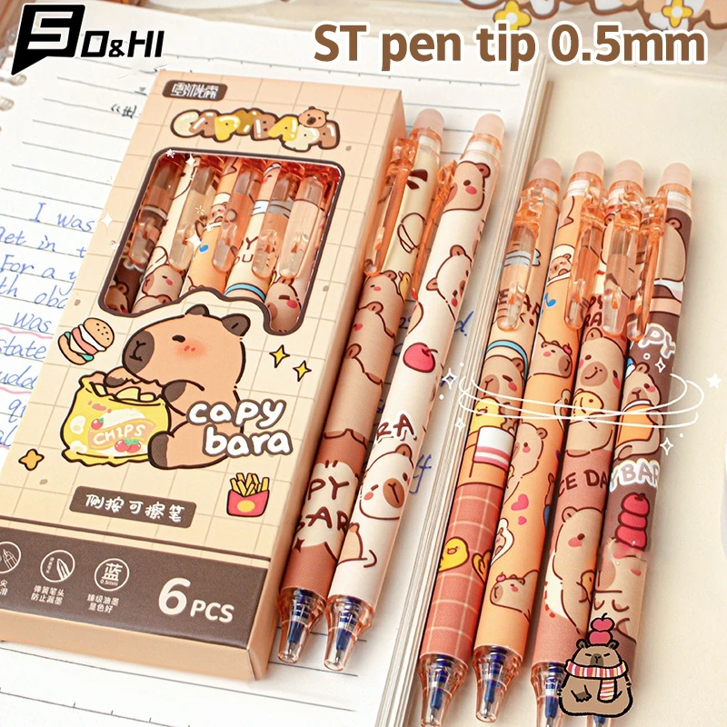 Juego de bolígrafos de Gel de capibara Kawaii, bolígrafos neutros de prensado de secado rápido con dibujos animados, papelería estética, suministros escolares y de oficina, 6 uds.