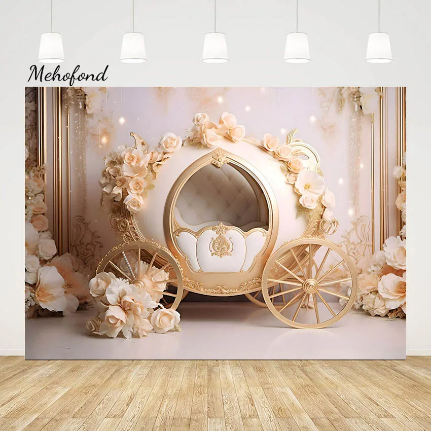 Mehofond Photography Background Carriage Flower for Baby Shower Party Princess Birthday Portrait Cake Smash Backdrop Photozone