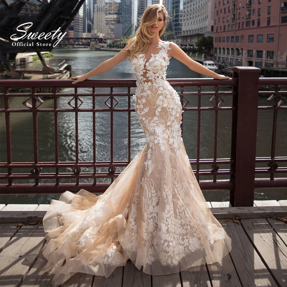 Alle geborduurde trouwjurken organza met borduurwerk zeemeermin baljurk O-hals mouwloos op maat gemaakte bruidsjurk vestido de novia