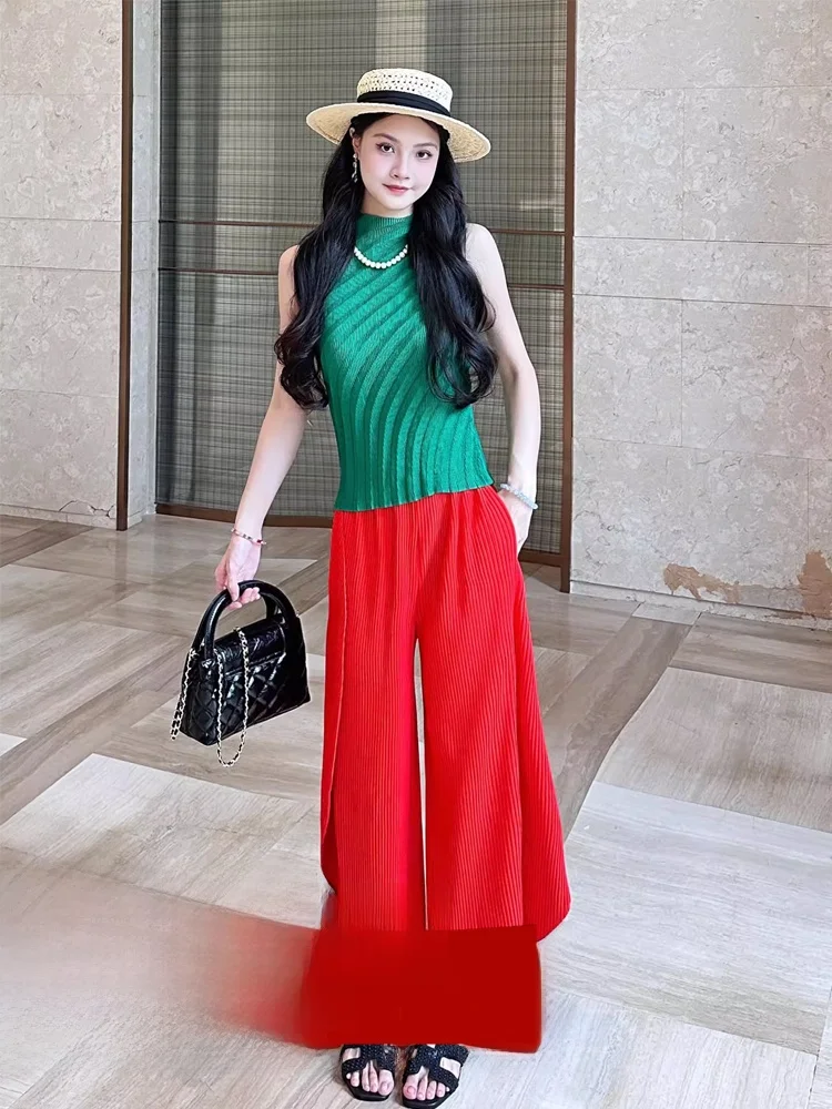 

Busin Casual een Slim Fit Top Red Loose Pants Pleated Set Commute Polyester ort Sve round Ne Two-Piece Suit