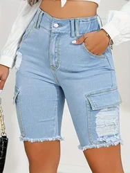 Street fashion Ladies ripped pocket fur edge tight slimming hip lift denim medium pants solid color summer street trend