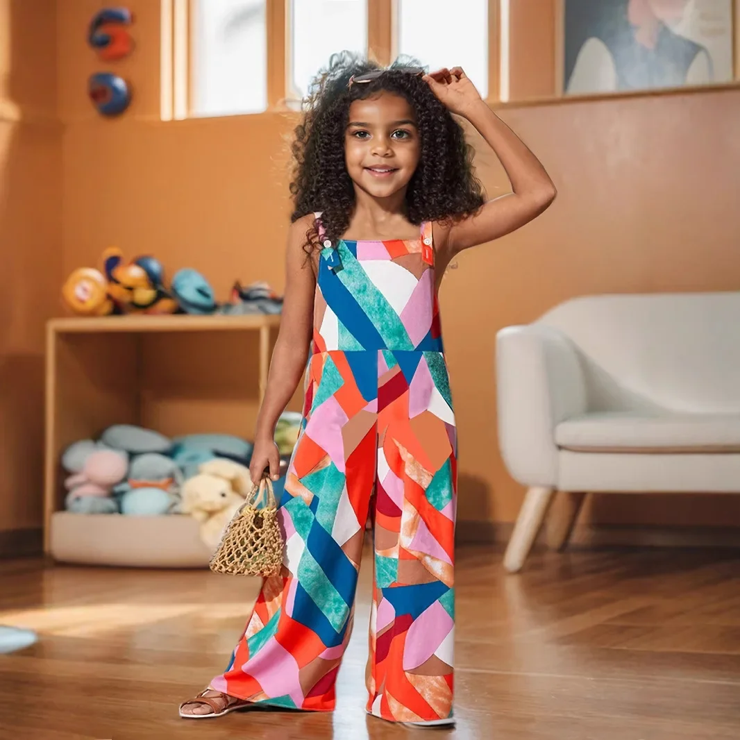 New 2025 Girls Summer Thin Casual Sleeveless Geometric Pattern Print Jumpsuit Fashion Loose Jumpsuits Romper Vacation Clothing