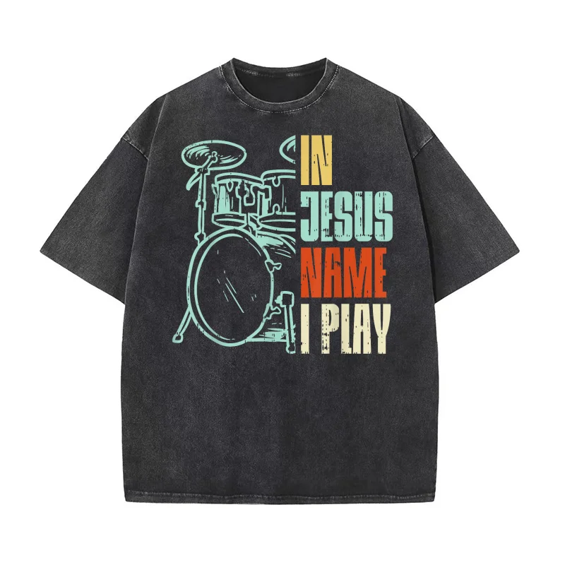 

In Jesus Name I Play Drums T-Shirt Men Black Short Sleeve Classic Fit Cotton Music Drum Theme Christmas Birthday Occasion