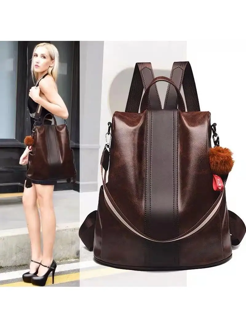 

New Women's Soft Leather Backpack Oil Skin Anti-Theft Multi-Purpose Retro Artistic Style Fitness Shoulder Bag with Zipper