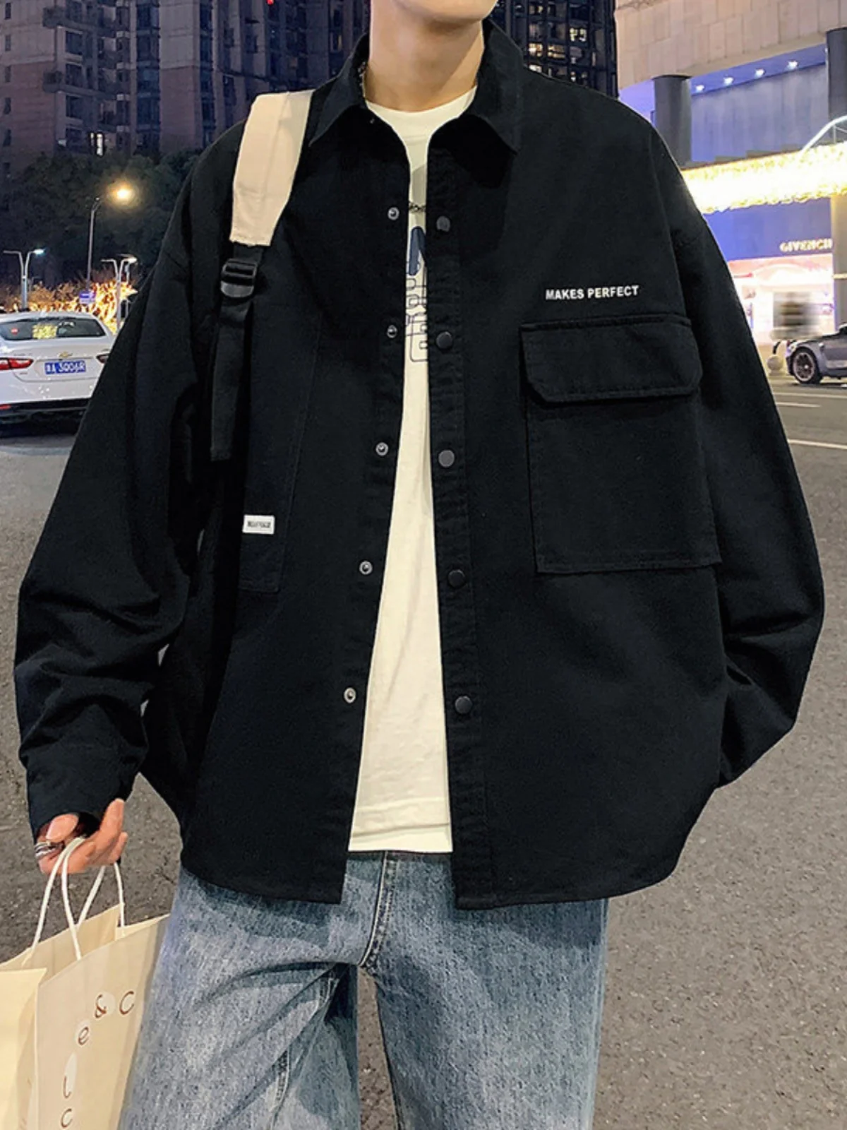 

Loose Fit Long Sleeve Workwear Shirt for Men Spring Autumn Casual Jacket for Teenagers Polyester Fiber Zipper Closure C...