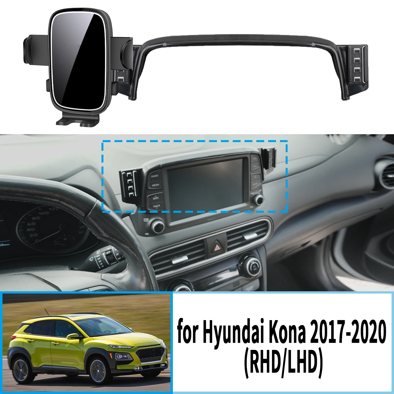 

for Hyundai Kona 2017 2018 2019 2020 RHD LHD Stable Clip-On Phone Holder​​ Mount Screen Base No Vibration​ Car accessoires