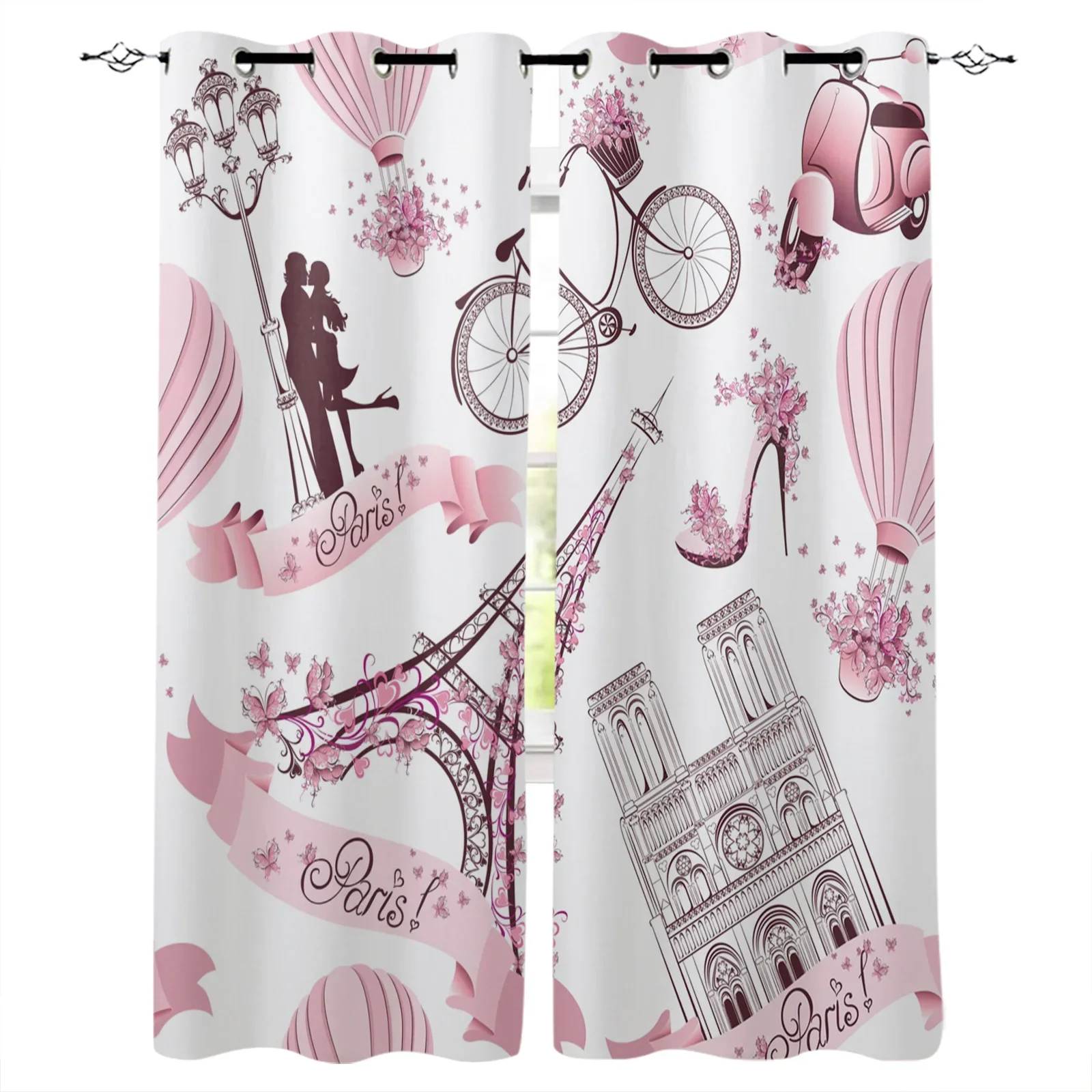 Pink Eiffel Tower Flower Hot Air Balloon Bike Blackout Curtains Window Curtains for Bedroom Living Room Decor Window Treatments